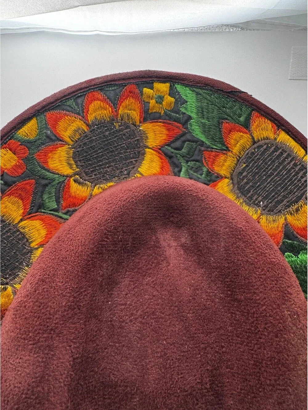 Mexican Artisanal Hand Embroidered Sunflower Fedora Hat Suede Boho Medium